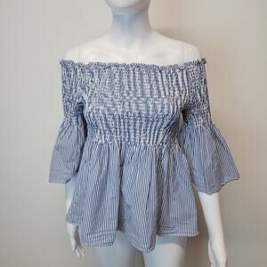 Zara Smocked Top Size M Blue White Square Neck Off Shoulder Bell Sleeve Y2K